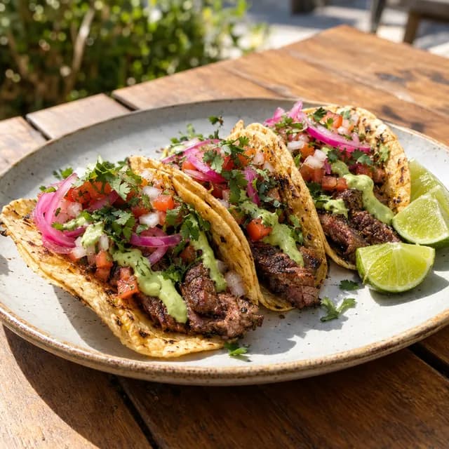 Three carne asada street tacos with lime