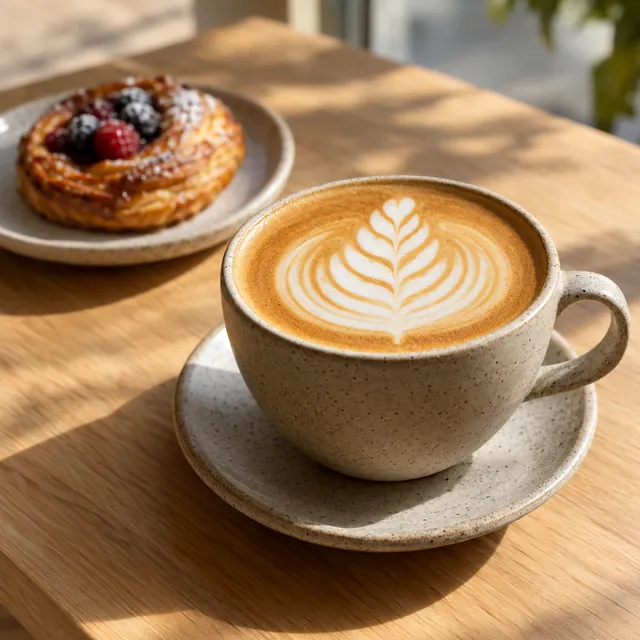 Latte with latte art on a sunny café table