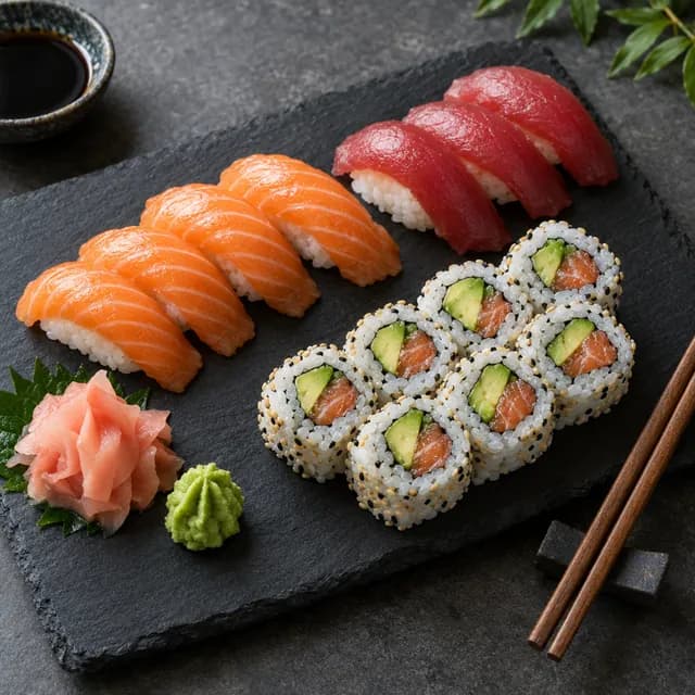 Salmon and tuna nigiri with a sliced roll on slate