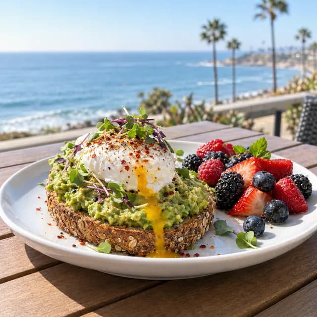 Avocado toast with a poached egg and berries by the ocean