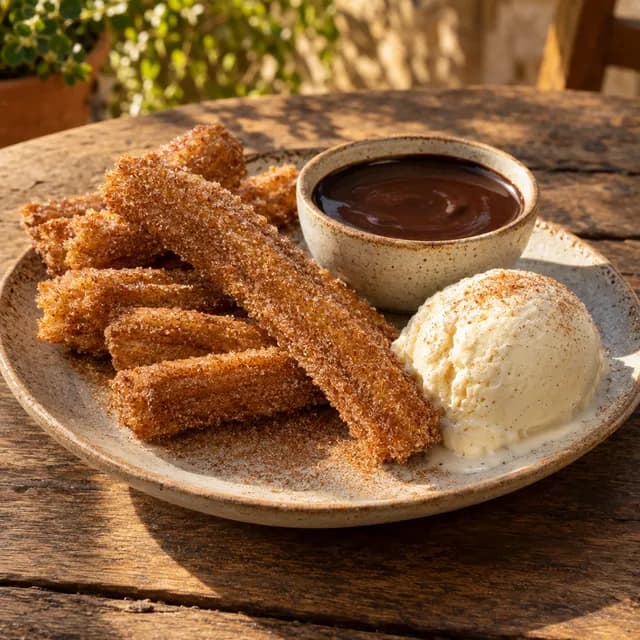 Churros with chocolate sauce and vanilla ice cream