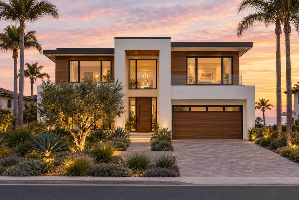 Luxury modern two-story home with palm trees at sunset