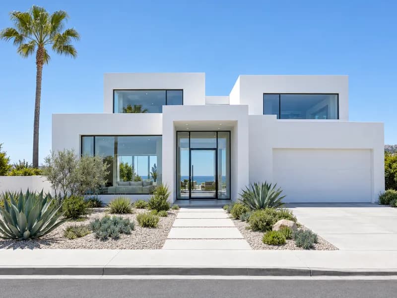 Contemporary white home with large glass windows and succulents