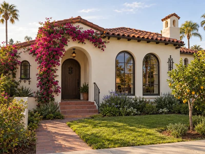 Spanish-style home with a red tile roof, arches and bougainvillea