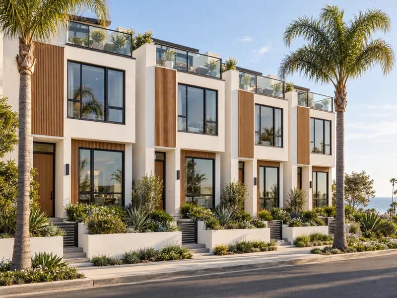 Upscale modern townhomes with rooftop decks and palm trees